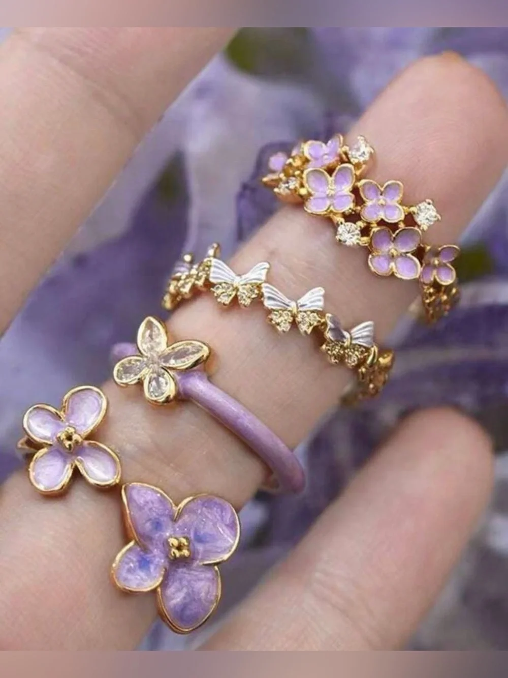 Lavender Floral Gold-Plated Ring Set A2145